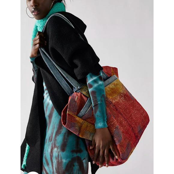 NEW FREE PEOPLE WE THE FREE BLUE GREEN SASHIKO TOTE BAG - Picture 13 of 13